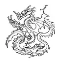 Stack of books where the top book is open. 3 tiny dragons fly out of the pages tattoo design idea