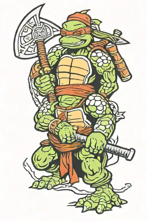 Angry ninja turtle Rafael in battle axe tattoo design idea