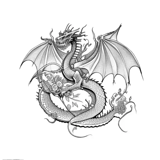 Dragon with roses and luis de camoes tattoo design idea
