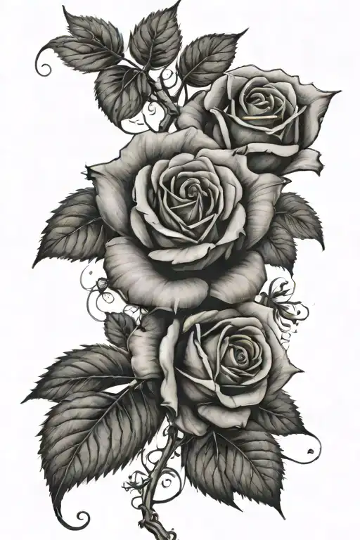A beautiful rose entwined with brambles, symbolizing the beauty and complexity of family relationships, with a subtle nod to France and Portugal in the background tattoo design idea