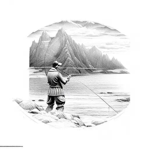 A detailed sketch of a fisherman casting his line in front of a breathtaking mountain backdrop tattoo design idea