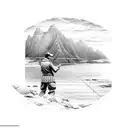 A detailed sketch of a fisherman casting his line in front of a breathtaking mountain backdrop tattoo design idea