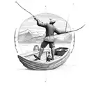 A detailed sketch of a fisherman casting his line in front of a breathtaking mountain backdrop tattoo design idea