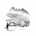 A detailed sketch of a fisherman casting his line in front of a breathtaking mountain backdrop tattoo design idea