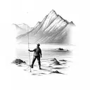 A detailed sketch of a fisherman casting his line in front of a breathtaking mountain backdrop tattoo design idea