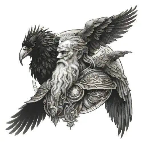 odin with 2 ravens behind him  tattoo design idea