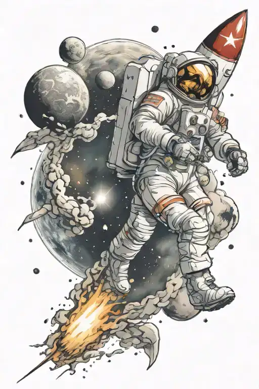 astronaut with a rocket in outer space against the background of real planets tattoo design idea