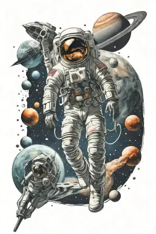 astronaut with a rocket in outer space against the backdrop of many planets tattoo design idea