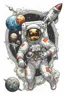astronaut with a rocket in outer space against the background of real planets tattoo design idea