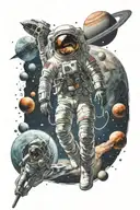 astronaut with a rocket in outer space against the backdrop of many planets tattoo design idea