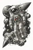 astronaut with a rocket in outer space against the backdrop of many planets tattoo design idea