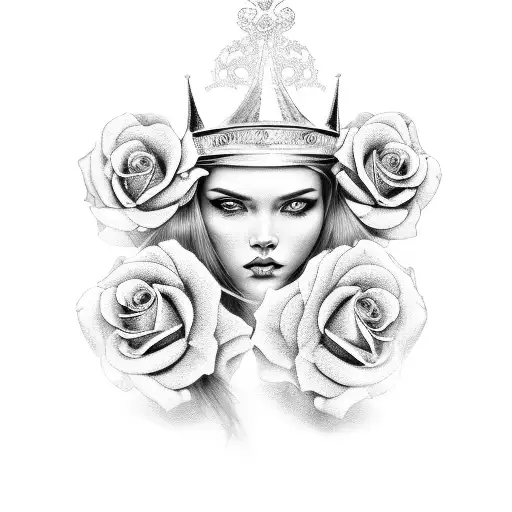 A black and grey portrait of a model with a crown of roses tattoo design idea