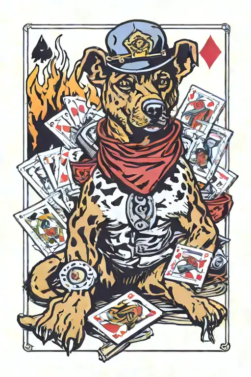 camp fire with money roll logs along with military dog tas, hockey golir mask in background with playing cards  tattoo design idea
