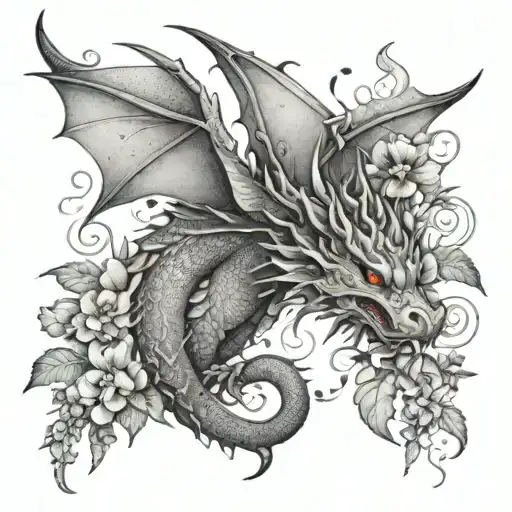 dragon with cats plants and birds tattoo design idea