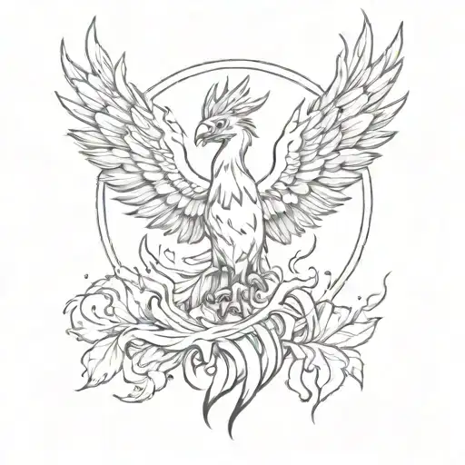 Create a sketch style tattoo of a phoenix rising from the ashes, representing the idea of embracing fate and adversity tattoo design idea