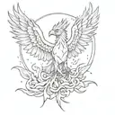 Create a sketch style tattoo of a phoenix rising from the ashes, representing the idea of embracing fate and adversity tattoo design idea