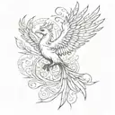 Create a sketch style tattoo of a phoenix rising from the ashes, representing the idea of embracing fate and adversity tattoo design idea