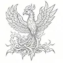 Create a sketch style tattoo of a phoenix rising from the ashes, representing the idea of embracing fate and adversity tattoo design idea