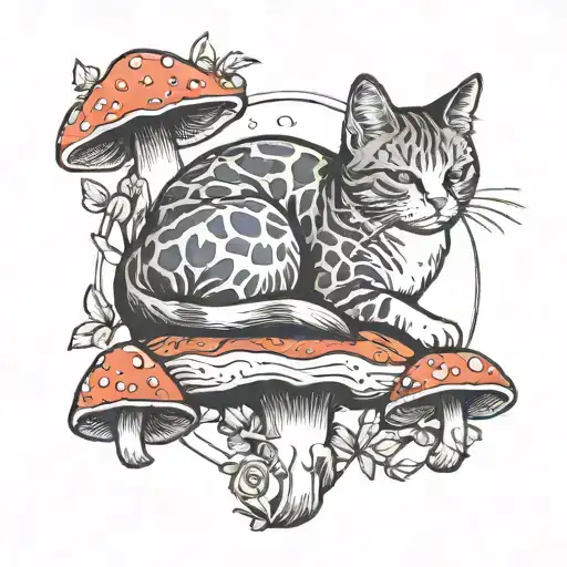 cat sleeping on mushroom growing tattoo design idea