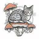 cat sleeping on mushroom growing tattoo design idea