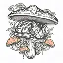 cat sleeping on mushroom growing tattoo design idea