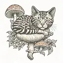 cat sleeping on mushroom growing tattoo design idea