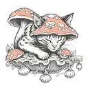 cat sleeping on mushroom growing tattoo design idea