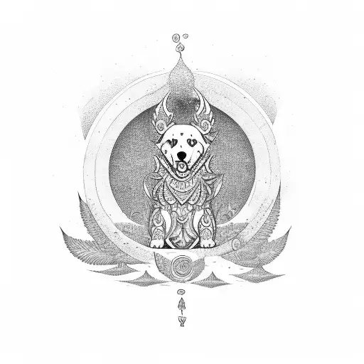 A chill scene of a dog and Brahma symbol surrounded by weed and alcohol elements tattoo design idea