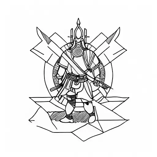 Design a minimalist tattoo showcasing a warrior from Elden Ring in a stunning landscape setting. tattoo design idea
