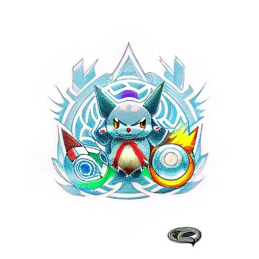 A new-school style tattoo of the Elden Ring logo with Pokemon characters incorporated in the design tattoo design idea