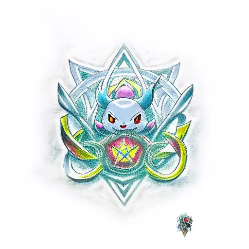 A new-school style tattoo of the Elden Ring logo with Pokemon characters incorporated in the design tattoo design idea