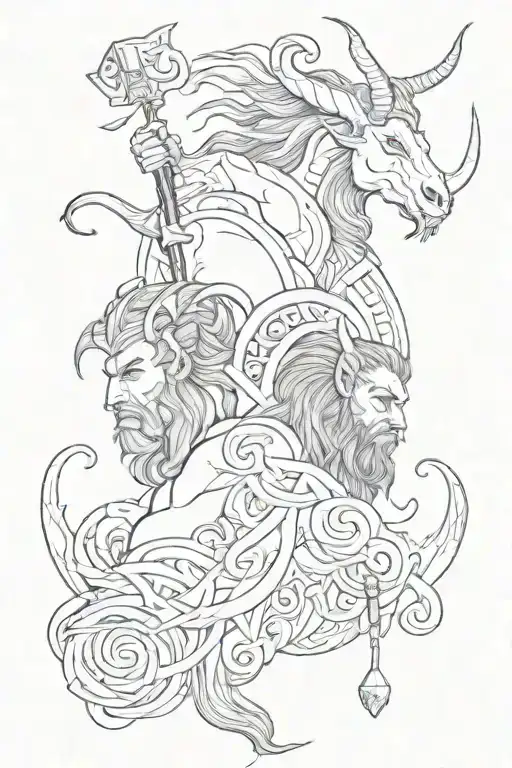 Nordic Mythology with a Capricorn and Thor. Sketchy look. tattoo design idea