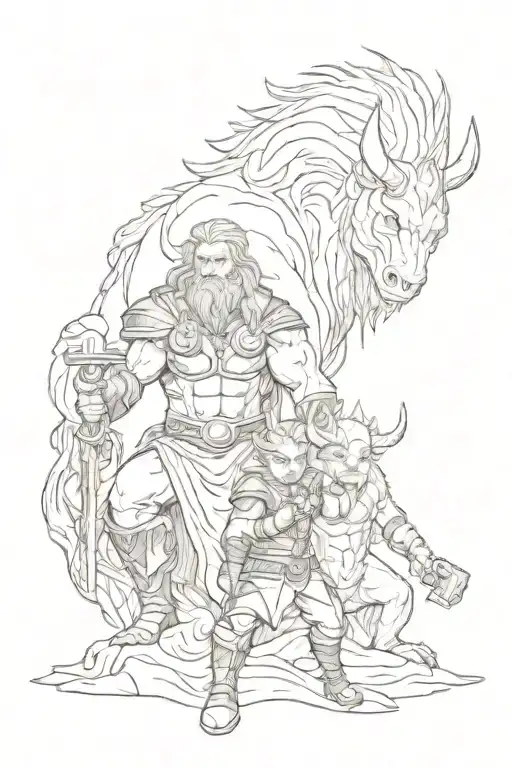 Nordic Mythology with a Capricon and Thor. Sketchy look. tattoo design idea