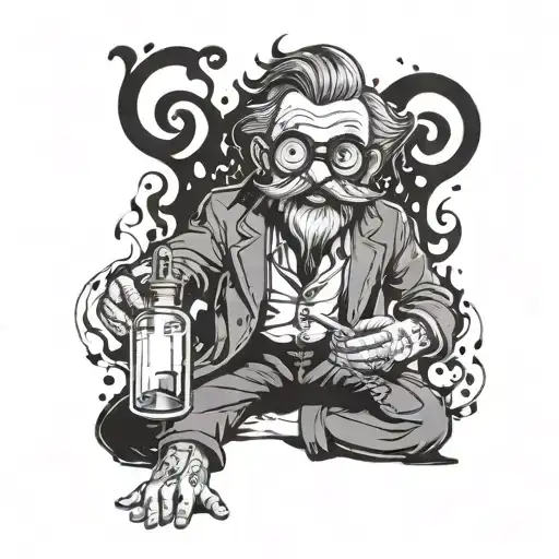 A wild professor who is happy about his success, he has a test tube in his hands, which spills on the floor and burns, t tattoo design idea