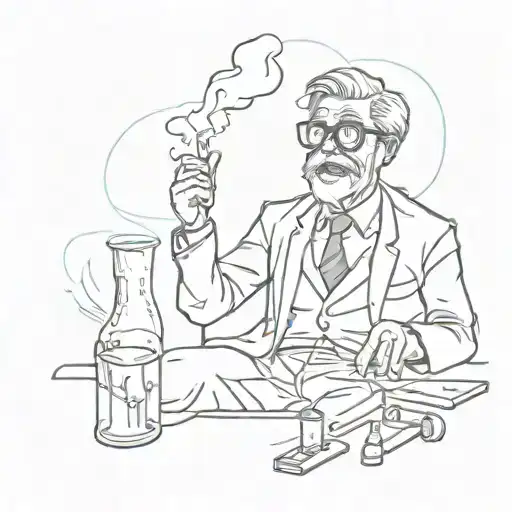 A wild professor who is happy about his success, he has a test tube in his hands, which spills on the floor and burns, t tattoo design idea