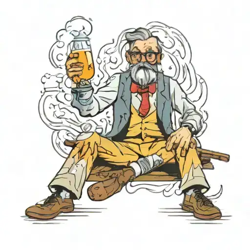 A wild professor who is happy about his success, he has a test tube in his hands, which spills on the floor and burns, t tattoo design idea