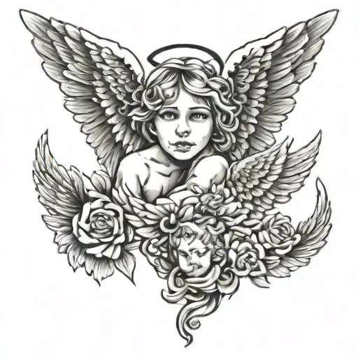 Angel wings with baby j 7-23-24 in front tattoo design idea
