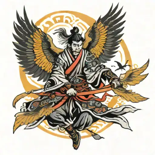 samurai against the background of crows with outstretched wings in fantasy style tattoo design idea