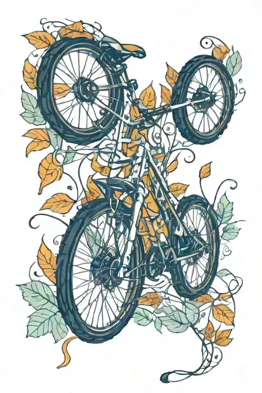 A new-school design of a mountain bike morphing into a musical staff with autumn leaves as notes tattoo design idea