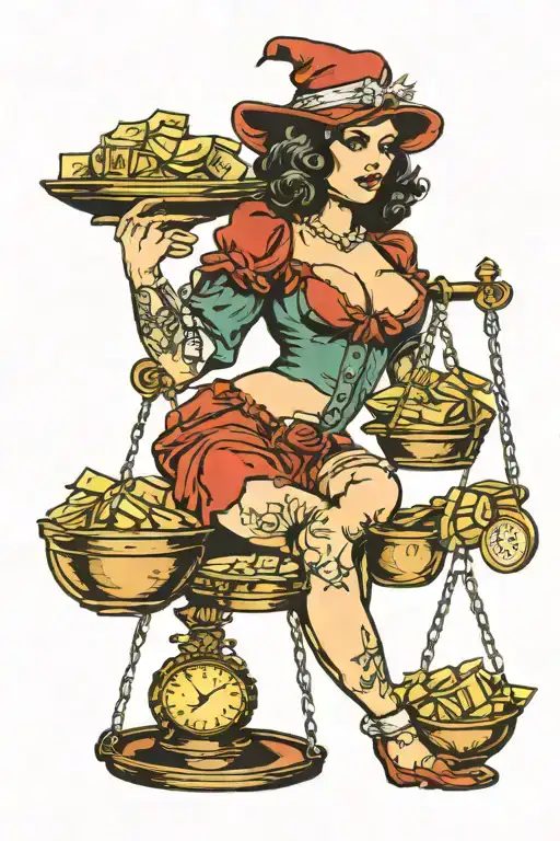 money bag bitch prostitute holding the scales made tattoo design idea