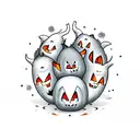 charming pumpkin encircled by graceful bats, accompanied by playful ghosts, all brought to life in rich autumnal colors. tattoo design idea