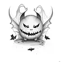 charming pumpkin encircled by graceful bats, accompanied by playful ghosts, all brought to life in rich autumnal colors. tattoo design idea