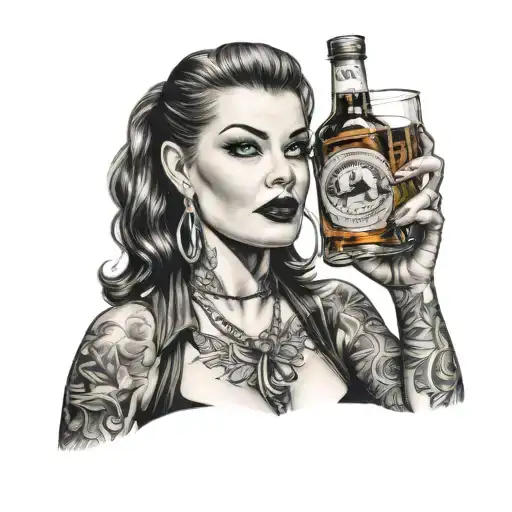 rockabilly girl holding a glas of whiskey glass tattoo design idea