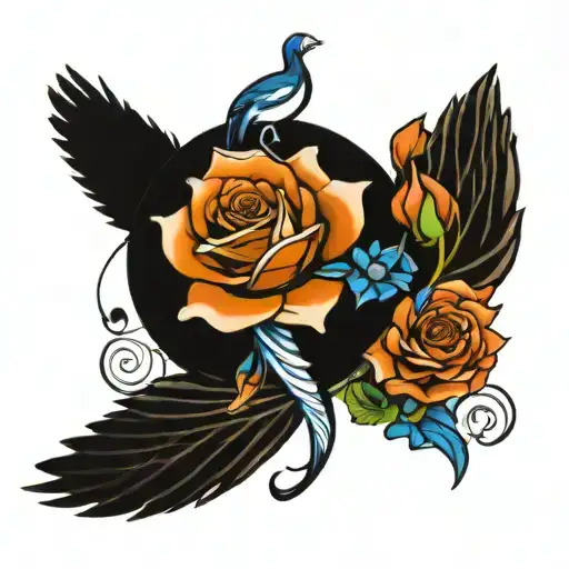 music, rose, blue jay, koi fish transforming tattoo design idea
