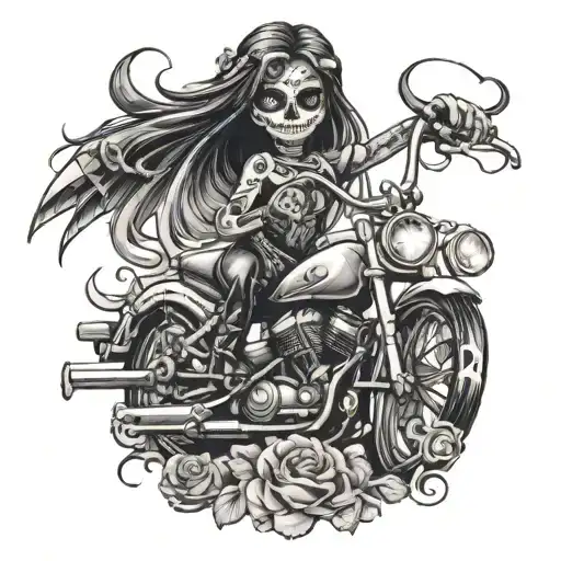 Black and Grey Motorcycle Day Of The Dead Girl Tattoo Idea BlackInk AI