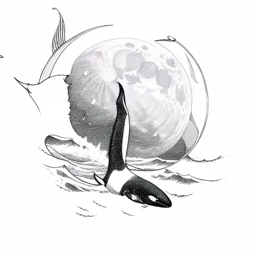 orca tail protruding from ocean waves under the moon encased in a triangle shape tattoo design idea