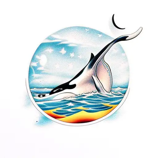 killer whale tail in the sea under the moon tattoo design idea