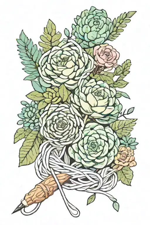 yarn with crochet hook intertwined with flowers and succulents tattoo design idea