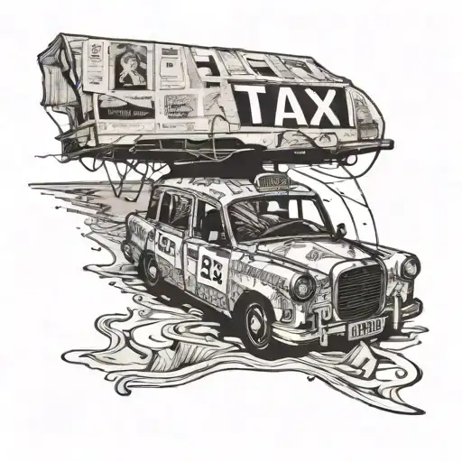 A taxi made of newspaper, washing up on the shore of a beach. tattoo design idea