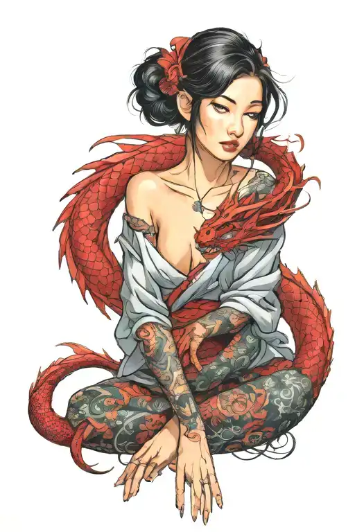 asian girl wrapped by a red dragon tattoo design idea